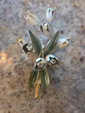 Sandor Brooch Signed Elegant Green Enamel Floral Brooch with Rhinestones
